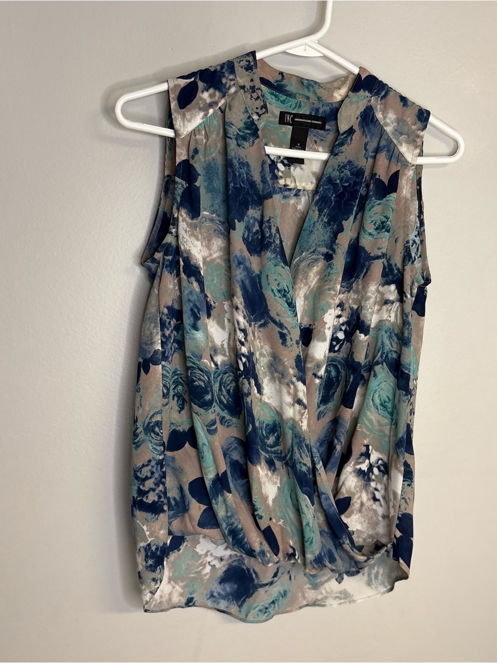INC International Concepts Sleeveless Floral Wrap-Front Tank - Blue Teal Neutral